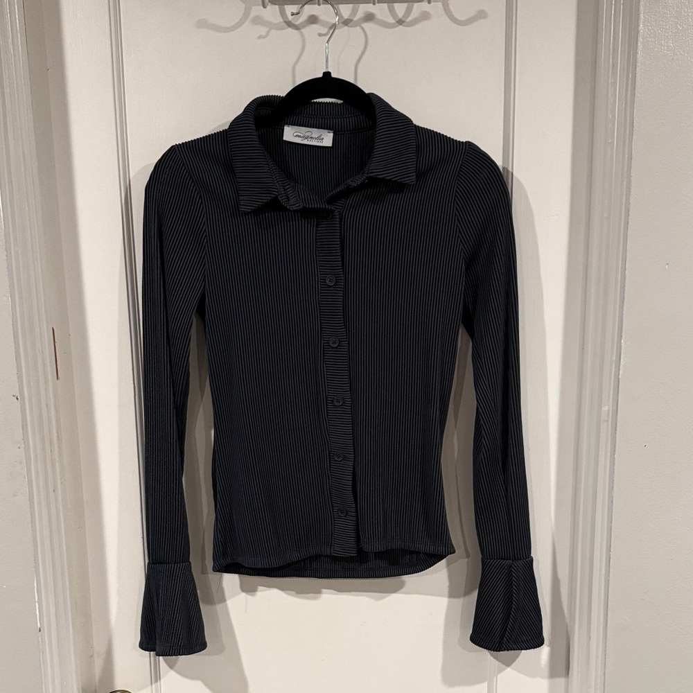 Elegant Black Pinstripe Textured Button Down Shirt